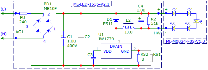 Схема электрическая принципиальная светодиодной лампы с импульсным драйвером на основе JW1779.