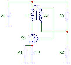 Схема блокинг-генератора с конденсатором в цепи эмиттера.