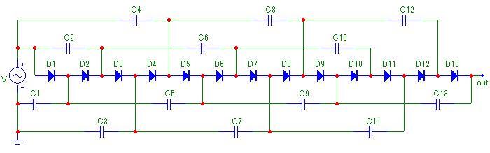 Умножитель напряжения на 13, тип B, линейное расположение диодов на схеме.
