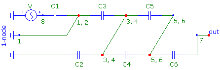 Умножитель напряжения на 6, тип A; эквивалентная схема умножителя в моменты, когда открыты диоды с нечётными номерами.